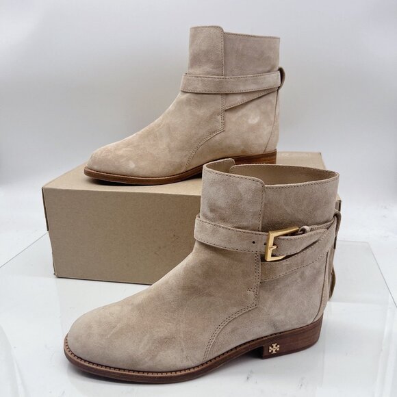 Tory Burch Brooke Harness Moto Riding Ankle Boots Booties Beige Suede US 7 - Picture 3 of 12